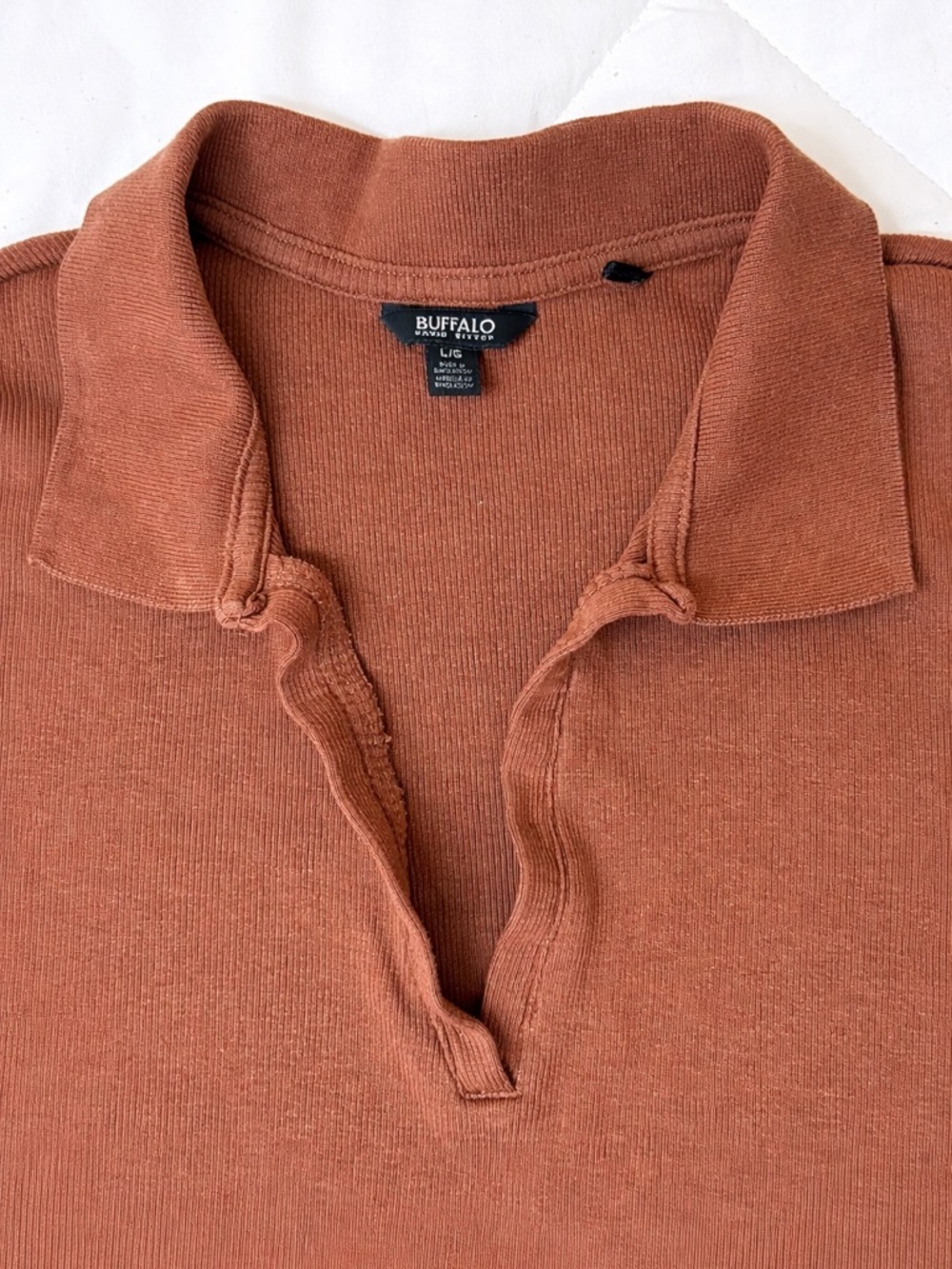 BUFFALO David Bitton Women’s Brown Ribbed Polo Top Minimalist Neutral Basic Sz L